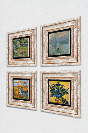 Van Gogh, Claude Monet Taş Duvar Tablosu Çerçeveli Duvar Dekoru 4 Parça Tablo Seti Wall Art