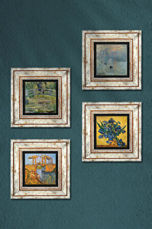Van Gogh, Claude Monet Taş Duvar Tablosu Çerçeveli Duvar Dekoru 4 Parça Tablo Seti Wall Art