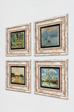 Van Gogh, Claude Monet Taş Duvar Tablosu Çerçeveli Duvar Dekoru 4 Parça Tablo Seti Wall Art