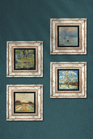 Van Gogh, Claude Monet Taş Duvar Tablosu Çerçeveli Duvar Dekoru 4 Parça Tablo Seti Wall Art