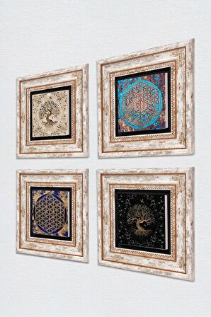 Yaşam Çiçeği, Hayat Ağacı Taş Duvar Tablosu Çerçeveli Duvar Dekoru 4 Parça Tablo Seti Wall Art