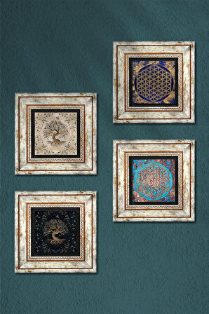 Yaşam Çiçeği, Hayat Ağacı Taş Duvar Tablosu Çerçeveli Duvar Dekoru 4 Parça Tablo Seti Wall Art