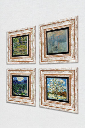 Van Gogh, Claude Monet Taş Duvar Tablosu Çerçeveli Duvar Dekoru 4 Parça Tablo Seti Wall Art