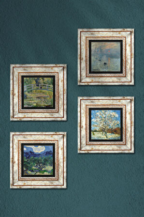 Van Gogh, Claude Monet Taş Duvar Tablosu Çerçeveli Duvar Dekoru 4 Parça Tablo Seti Wall Art