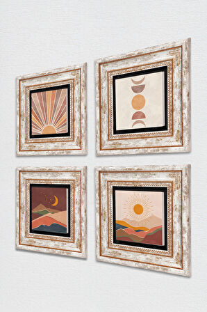 Bohem, Minimalist Soyut Taş Duvar Tablosu Çerçeveli Duvar Dekoru 4 Parça Tablo Seti Wall Art