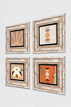 Bohem, Minimalist Soyut Taş Duvar Tablosu Çerçeveli Duvar Dekoru 4 Parça Tablo Seti Wall Art