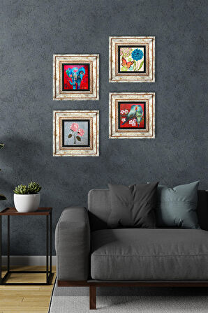 Kelebek, Fil, Kuş, Pembe Ortanca Çiçeği Taş Duvar Tablosu Çerçeveli Duvar Dekoru 4 Parça Tablo Seti Wall Art