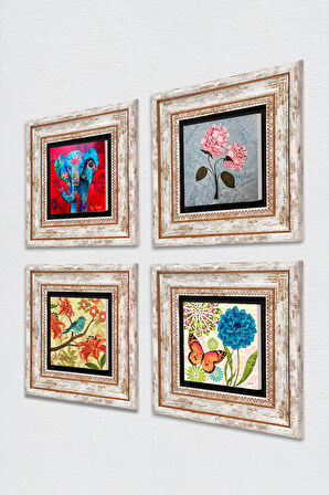 Kelebek, Fil, Kuş, Pembe Ortanca Çiçeği Taş Duvar Tablosu Çerçeveli Duvar Dekoru 4 Parça Tablo Seti Wall Art