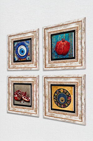 Nazar, Nar Taş Duvar Tablosu Çerçeveli Duvar Dekoru 4 Parça Tablo Seti Wall Art