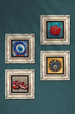 Nazar, Nar Taş Duvar Tablosu Çerçeveli Duvar Dekoru 4 Parça Tablo Seti Wall Art