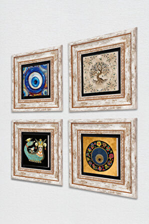 Nazar, Şahmeran, Hayat Ağacı Taş Duvar Tablosu Çerçeveli Duvar Dekoru 4 Parça Tablo Seti Wall Art