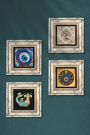 Nazar, Şahmeran, Hayat Ağacı Taş Duvar Tablosu Çerçeveli Duvar Dekoru 4 Parça Tablo Seti Wall Art