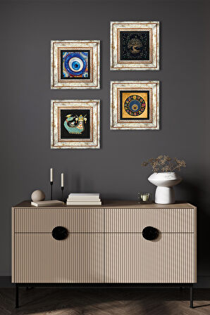 Hayat Ağacı, Nazar, Şahmeran Taş Duvar Tablosu Çerçeveli Duvar Dekoru 4 Parça Tablo Seti Wall Art