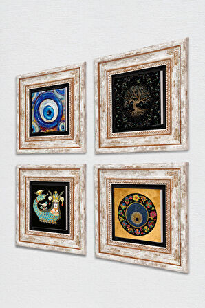 Hayat Ağacı, Nazar, Şahmeran Taş Duvar Tablosu Çerçeveli Duvar Dekoru 4 Parça Tablo Seti Wall Art