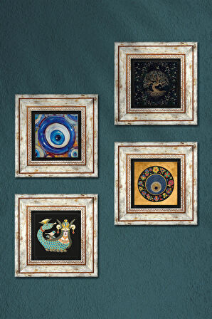 Hayat Ağacı, Nazar, Şahmeran Taş Duvar Tablosu Çerçeveli Duvar Dekoru 4 Parça Tablo Seti Wall Art
