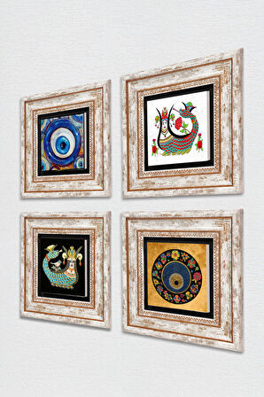 Nazar, Şahmeran Taş Duvar Tablosu Çerçeveli Duvar Dekoru 4 Parça Tablo Seti Wall Art