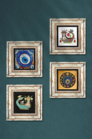 Nazar, Şahmeran Taş Duvar Tablosu Çerçeveli Duvar Dekoru 4 Parça Tablo Seti Wall Art