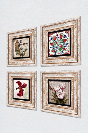 Lale, Kelebekli Çiçek Taş Duvar Tablosu Çerçeveli Duvar Dekoru 4 Parça Tablo Seti Wall Art
