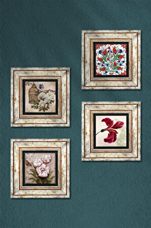 Lale, Kelebekli Çiçek Taş Duvar Tablosu Çerçeveli Duvar Dekoru 4 Parça Tablo Seti Wall Art