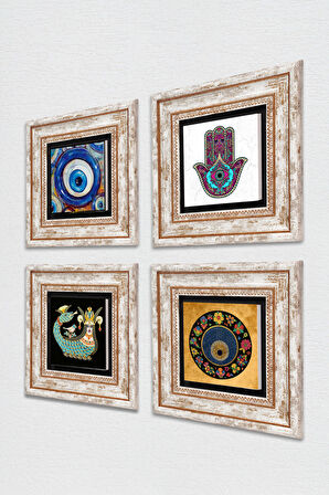 Fatma Ana Eli (Hamsa), Nazar, Şahmeran Taş Duvar Tablosu Çerçeveli Duvar Dekoru 4 Parça Tablo Seti Wall Art