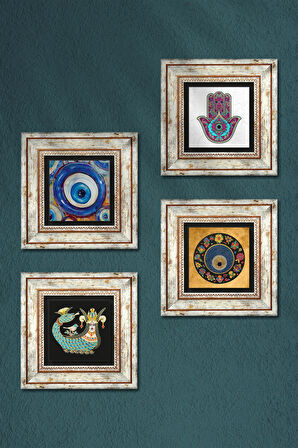 Fatma Ana Eli (Hamsa), Nazar, Şahmeran Taş Duvar Tablosu Çerçeveli Duvar Dekoru 4 Parça Tablo Seti Wall Art