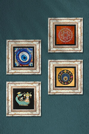Mandala, Nazar, Şahmeran Taş Duvar Tablosu Çerçeveli Duvar Dekoru 4 Parça Tablo Seti Wall Art