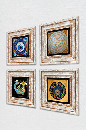 Sri Yantra, Nazar, Şahmeran Taş Duvar Tablosu Çerçeveli Duvar Dekoru 4 Parça Tablo Seti Wall Art