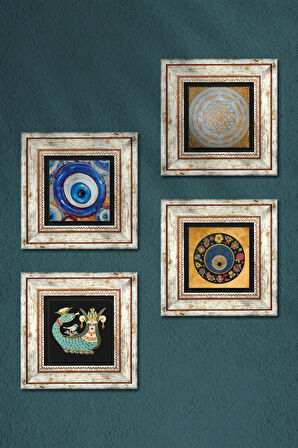 Sri Yantra, Nazar, Şahmeran Taş Duvar Tablosu Çerçeveli Duvar Dekoru 4 Parça Tablo Seti Wall Art