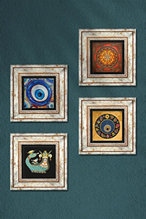 Sri Yantra, Nazar, Şahmeran Taş Duvar Tablosu Çerçeveli Duvar Dekoru 4 Parça Tablo Seti Wall Art