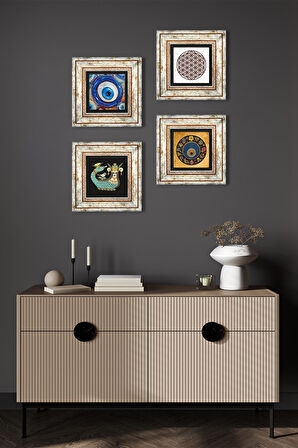 Yaşam Çiçeği, Nazar, Şahmeran Taş Duvar Tablosu Çerçeveli Duvar Dekoru 4 Parça Tablo Seti Wall Art