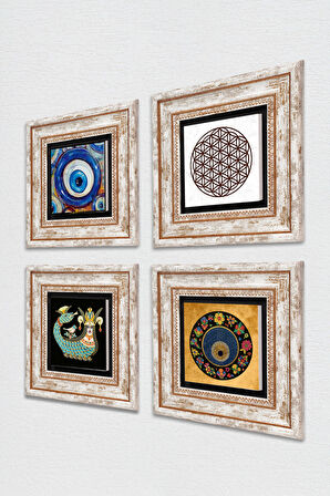 Yaşam Çiçeği, Nazar, Şahmeran Taş Duvar Tablosu Çerçeveli Duvar Dekoru 4 Parça Tablo Seti Wall Art