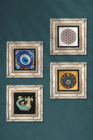 Yaşam Çiçeği, Nazar, Şahmeran Taş Duvar Tablosu Çerçeveli Duvar Dekoru 4 Parça Tablo Seti Wall Art