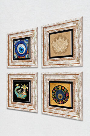 Lotus Çiçeği, Nazar, Şahmeran Taş Duvar Tablosu Çerçeveli Duvar Dekoru 4 Parça Tablo Seti Wall Art