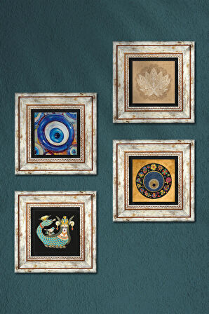 Lotus Çiçeği, Nazar, Şahmeran Taş Duvar Tablosu Çerçeveli Duvar Dekoru 4 Parça Tablo Seti Wall Art