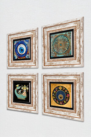 Yaşam Çiçeği, Nazar, Şahmeran Taş Duvar Tablosu Çerçeveli Duvar Dekoru 4 Parça Tablo Seti Wall Art