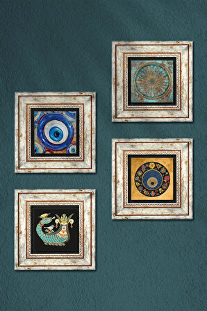 Yaşam Çiçeği, Nazar, Şahmeran Taş Duvar Tablosu Çerçeveli Duvar Dekoru 4 Parça Tablo Seti Wall Art