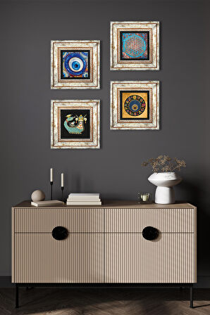Yaşam Çiçeği, Nazar, Şahmeran Taş Duvar Tablosu Çerçeveli Duvar Dekoru 4 Parça Tablo Seti Wall Art
