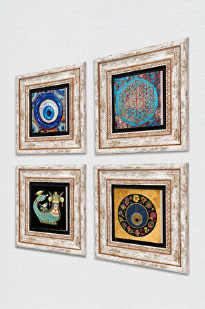 Yaşam Çiçeği, Nazar, Şahmeran Taş Duvar Tablosu Çerçeveli Duvar Dekoru 4 Parça Tablo Seti Wall Art