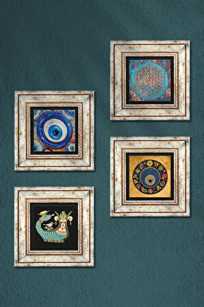 Yaşam Çiçeği, Nazar, Şahmeran Taş Duvar Tablosu Çerçeveli Duvar Dekoru 4 Parça Tablo Seti Wall Art
