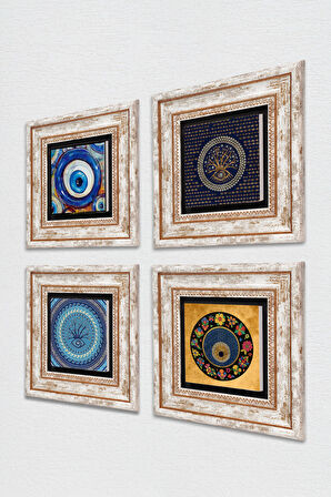 Nazar Taş Duvar Tablosu Çerçeveli Duvar Dekoru 4 Parça Tablo Seti Wall Art