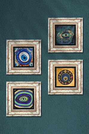 Nazar Taş Duvar Tablosu Çerçeveli Duvar Dekoru 4 Parça Tablo Seti Wall Art