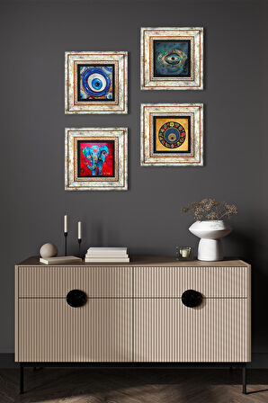 Fil, Nazar Taş Duvar Tablosu Çerçeveli Duvar Dekoru 4 Parça Tablo Seti Wall Art