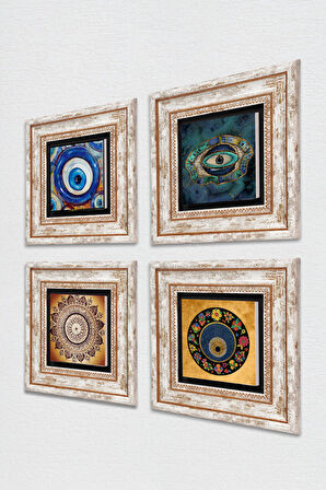 Mandala, Nazar Taş Duvar Tablosu Çerçeveli Duvar Dekoru 4 Parça Tablo Seti Wall Art