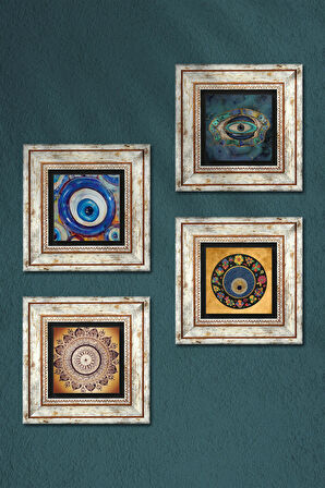 Mandala, Nazar Taş Duvar Tablosu Çerçeveli Duvar Dekoru 4 Parça Tablo Seti Wall Art