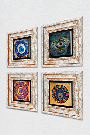 Mandala, Nazar Taş Duvar Tablosu Çerçeveli Duvar Dekoru 4 Parça Tablo Seti Wall Art