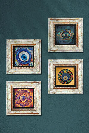 Mandala, Nazar Taş Duvar Tablosu Çerçeveli Duvar Dekoru 4 Parça Tablo Seti Wall Art