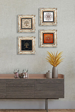 Sri Yantra, Hayat Ağacı Taş Duvar Tablosu Çerçeveli Duvar Dekoru 4 Parça Tablo Seti Wall Art