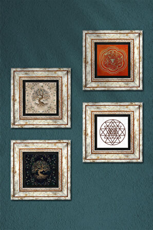 Sri Yantra, Hayat Ağacı Taş Duvar Tablosu Çerçeveli Duvar Dekoru 4 Parça Tablo Seti Wall Art