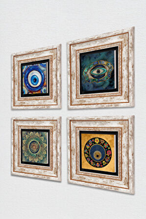 Mandala, Nazar Taş Duvar Tablosu Çerçeveli Duvar Dekoru 4 Parça Tablo Seti Wall Art