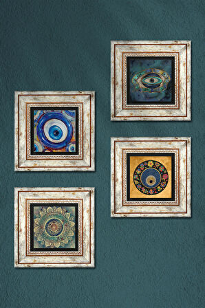 Mandala, Nazar Taş Duvar Tablosu Çerçeveli Duvar Dekoru 4 Parça Tablo Seti Wall Art